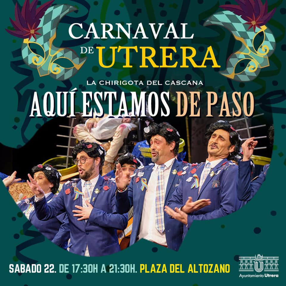 🎭 Esta tarde continuamos el #CarnavalDeUtrera con las mejores actuaciones de @ChirigotaLosPA, @elcanijocom, @chirigotasherif, @Chirigotadelcas. Os esperamos a partir de las 17.30 h. En la Plaza del Altozano 🎉🎉🎉

#Carnavales2020 #Utrera #COAC2020 #carnaval #ocio #Sevilla