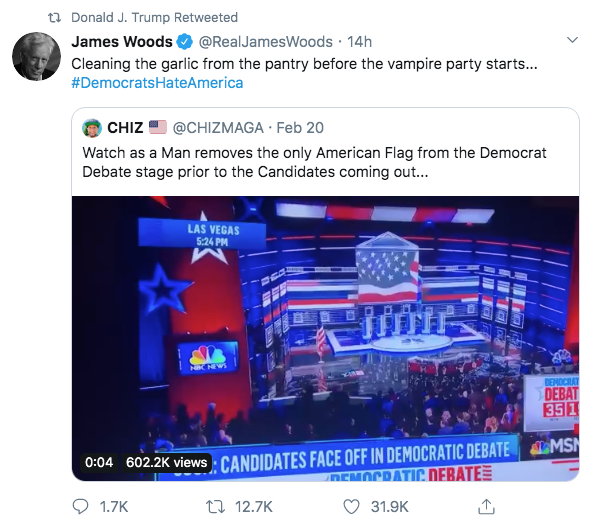 Last night, Trump retweeted Praying Medic, a major QAnon account ( https://www.dailydot.com/layer8/praying-medic-maga-coalition-qanon/), along with James Woods again (who has promoted multiple "Q" posts) & another account that has also repeatedly promoted QAnon content.  https://twitter.com/travis_view/status/1231078991211032576?s=19