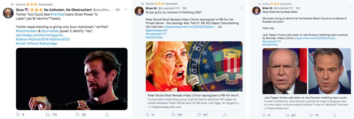 Last night, Trump retweeted Praying Medic, a major QAnon account ( https://www.dailydot.com/layer8/praying-medic-maga-coalition-qanon/), along with James Woods again (who has promoted multiple "Q" posts) & another account that has also repeatedly promoted QAnon content.  https://twitter.com/travis_view/status/1231078991211032576?s=19