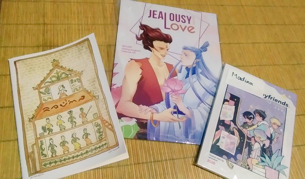 Doujin and books!! 

Nezha x Aobing dujin by <a href="/SugarPrincessM1/">Sugar Princess & Moon Cake</a> 
Boyfriends by <a href="/refrainbow/">Ray</a> 
ABO kepulauan by konijnsate

They are all great and in good quality too 👌