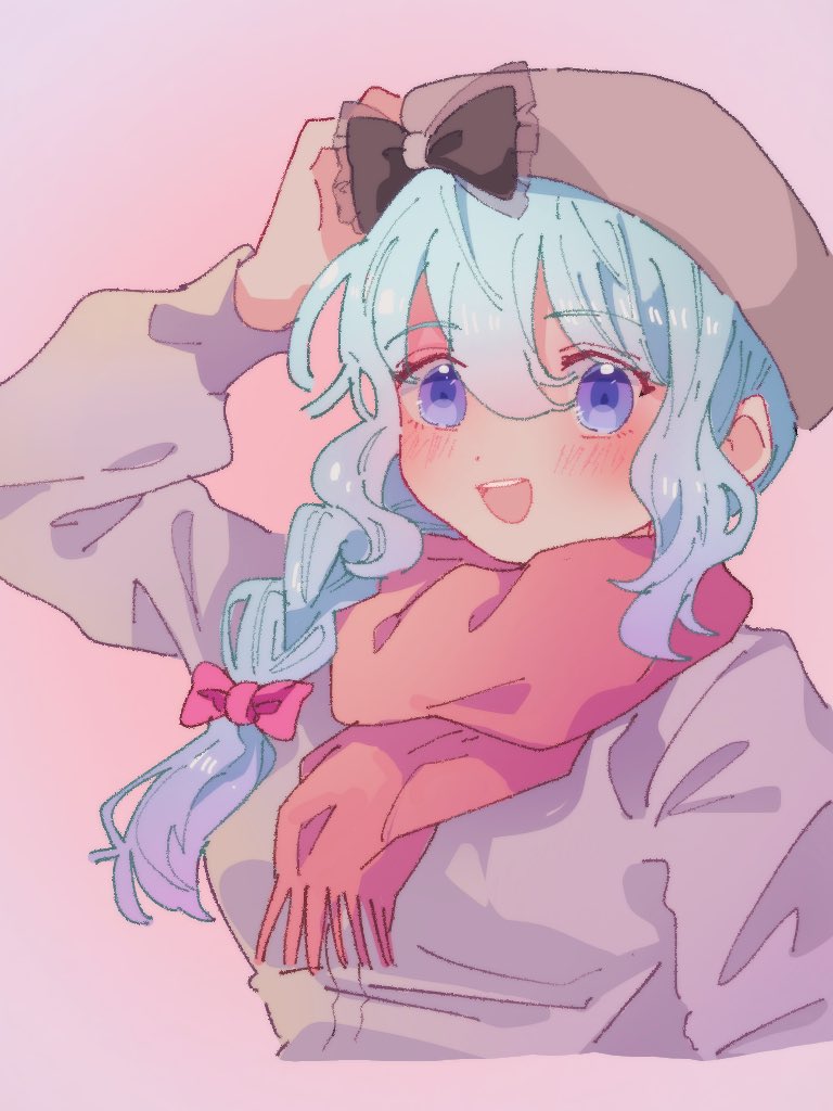 1girl solo scarf hat bow smile blue hair  illustration images