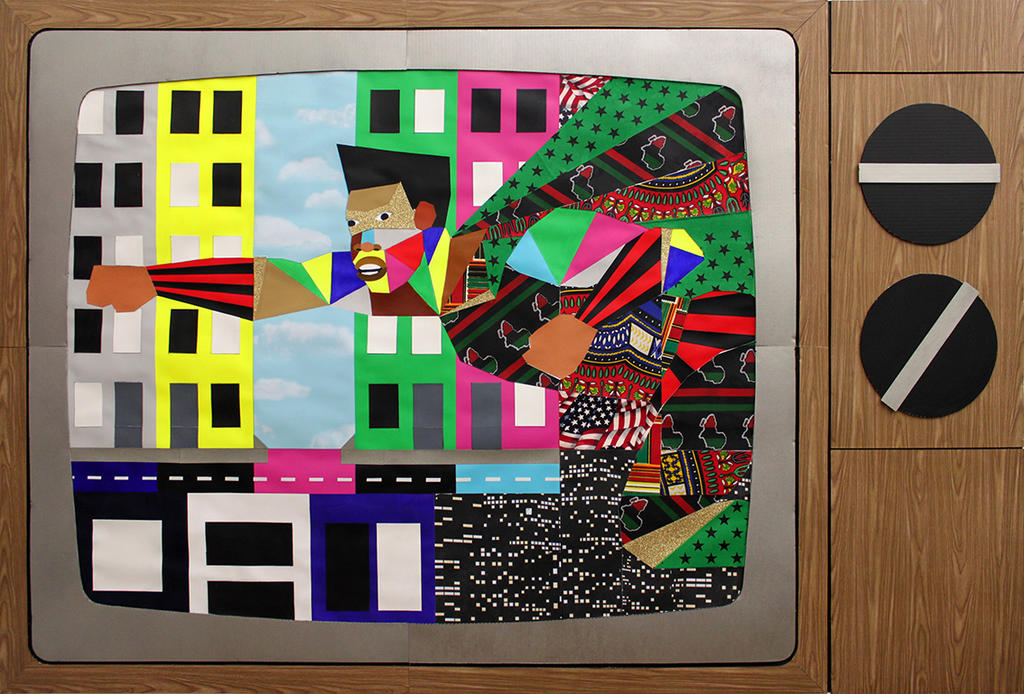 Mixed media figures by multidisciplinary American artist and curator Derrick Adams, 2010s, known for his patterned, fragmented works dealing with black identity and history, and inspired by Deconstructivist philosophy
