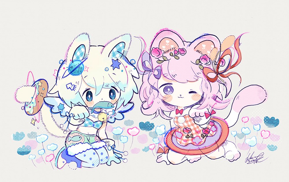 animal ears multiple girls 2girls tail one eye closed pink hair cat ears  illustration images