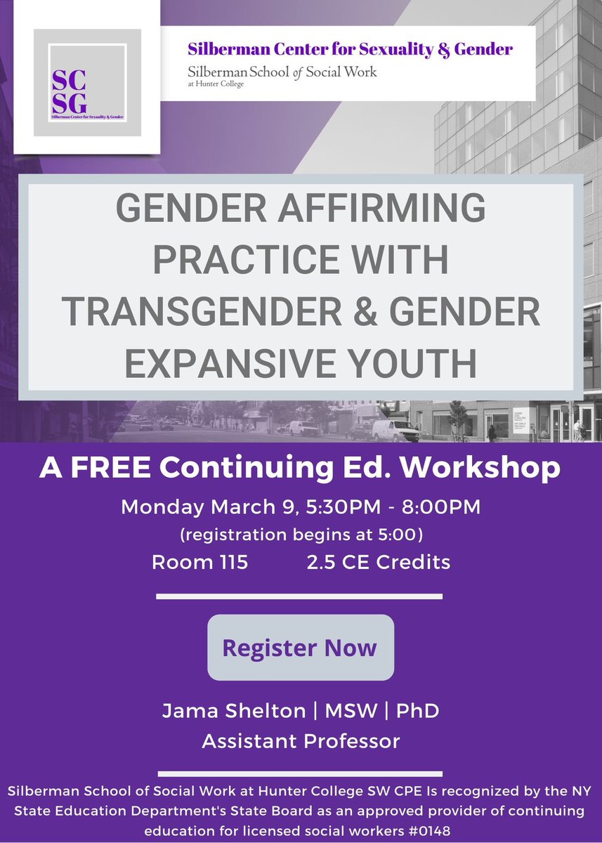 Dr. SJ Dodd (@drdoddie) on Twitter photo #socialworkers near NYC come get FREE CE credits and hear the amazing <a href="/PagingDrJama/">Jama Shelton (@pagingdrjama.bsky.social)</a> talk about practice with #transgender, #genderexpansive and #nonbinary
Young people #trans <a href="/silbermanssw/">Silberman School of Social Work at Hunter College</a> <a href="/SSWRorg/">SSWR</a> <a href="/SCSG_SSSW/">Silberman Center for Sexuality and Gender</a> #socialworkers near NYC come get FREE CE credits and hear the amazing <a href="/PagingDrJama/">Jama Shelton (@pagingdrjama.bsky.social)</a> talk about practice with #transgender, #genderexpansive and #nonbinary
Young people #trans <a href="/silbermanssw/">Silberman School of Social Work at Hunter College</a> <a href="/SSWRorg/">SSWR</a> <a href="/SCSG_SSSW/">Silberman Center for Sexuality and Gender</a>