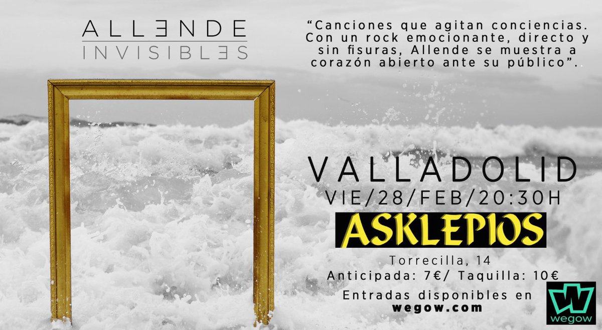 ValladolidCultu's tweet photo. La banda de rock cordobesa @allendespain presenta este viernes 28 de febrero en Valladolid su álbum 'Invisibles',  un mini LP emocionante, de letras poéticas y  comprometidas con las causas humanitarias.

1€ de cada entrada, CD o camiseta irá destinado a la ONG @SaveChildrenEs. https://t.co/kNqeTsf9bn