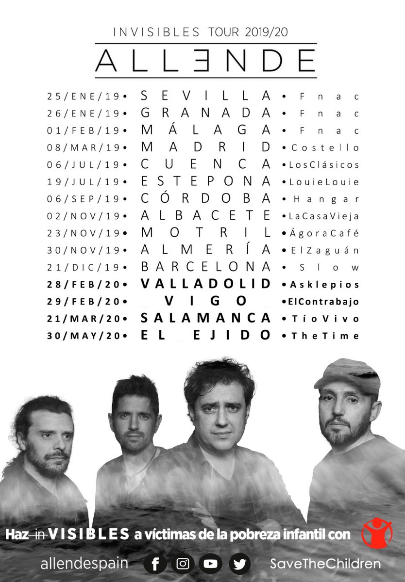 La banda de rock cordobesa <a href="/allendespain/">ALLENDE</a> presenta este viernes 28 de febrero en Valladolid su álbum 'Invisibles',  un mini LP emocionante, de letras poéticas y  comprometidas con las causas humanitarias.

1€ de cada entrada, CD o camiseta irá destinado a la ONG <a href="/SaveChildrenEs/">Save the Children Es</a>.