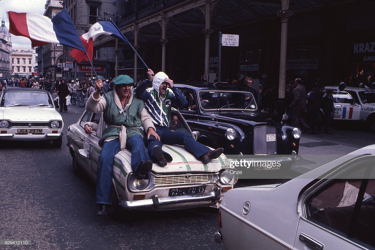 Supporters of Saint Etienne on the streets of Glasgow prior to the European Cup Final between Saint Etienne and Bayern Munich at Hampden Park on 12th May 1976. Photos by Michel Piquemal