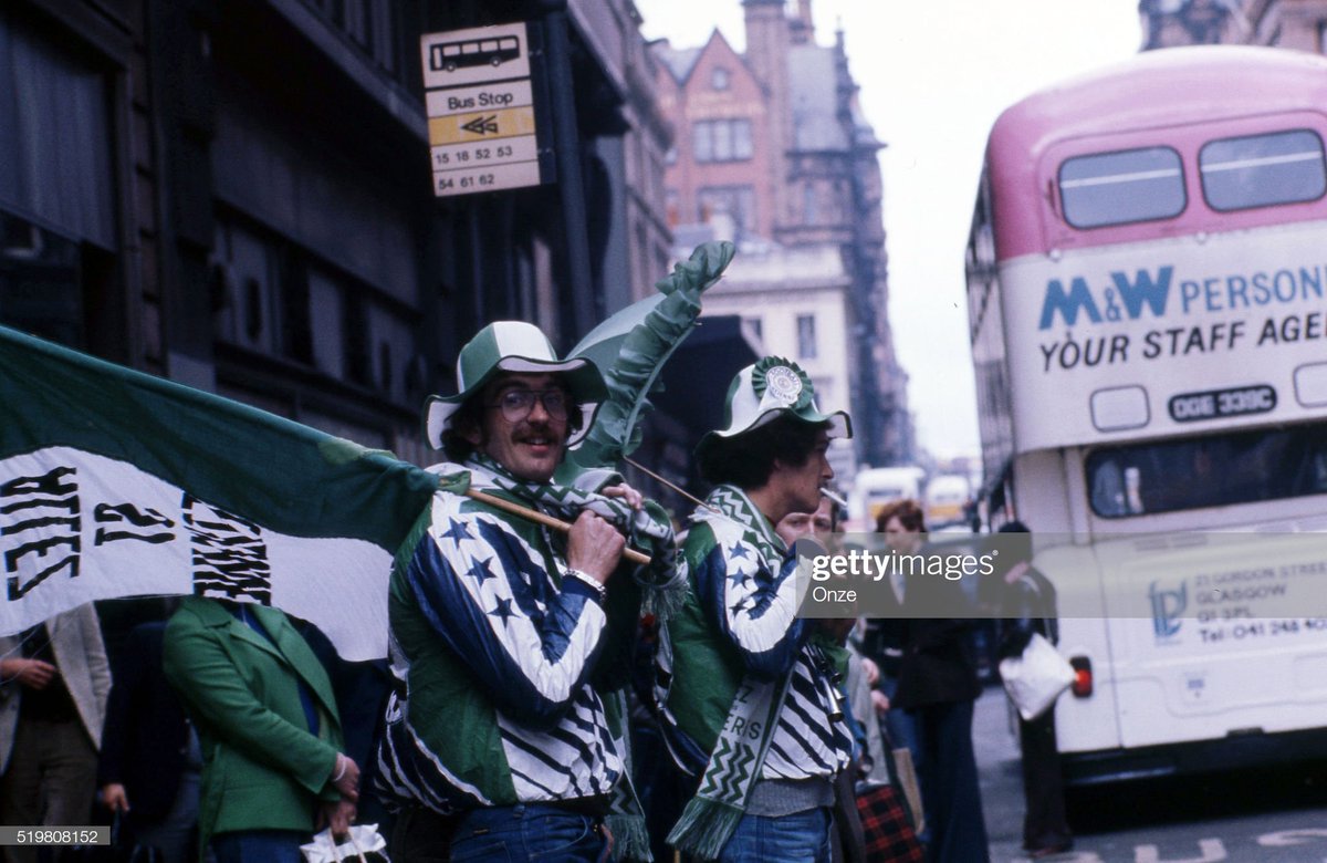 Supporters of Saint Etienne on the streets of Glasgow prior to the European Cup Final between Saint Etienne and Bayern Munich at Hampden Park on 12th May 1976. Photos by Michel Piquemal