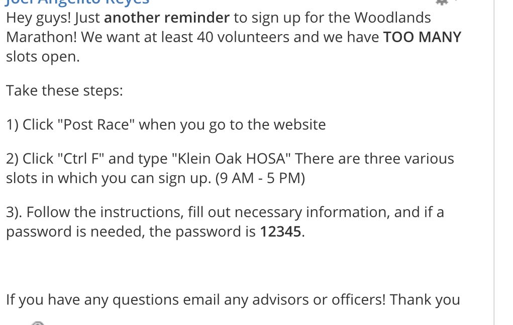 KO_HOSA's tweet photo. Hey everyone, we want as many HOSA faces signed up for the Woodlands Marathon!! Pls follow the link in schoology to take you to sign up- the new password is 123. Follow the directions to get yourself signed up and some  volunteer hour opportunities! 😇 https://t.co/xan3dKpq7y