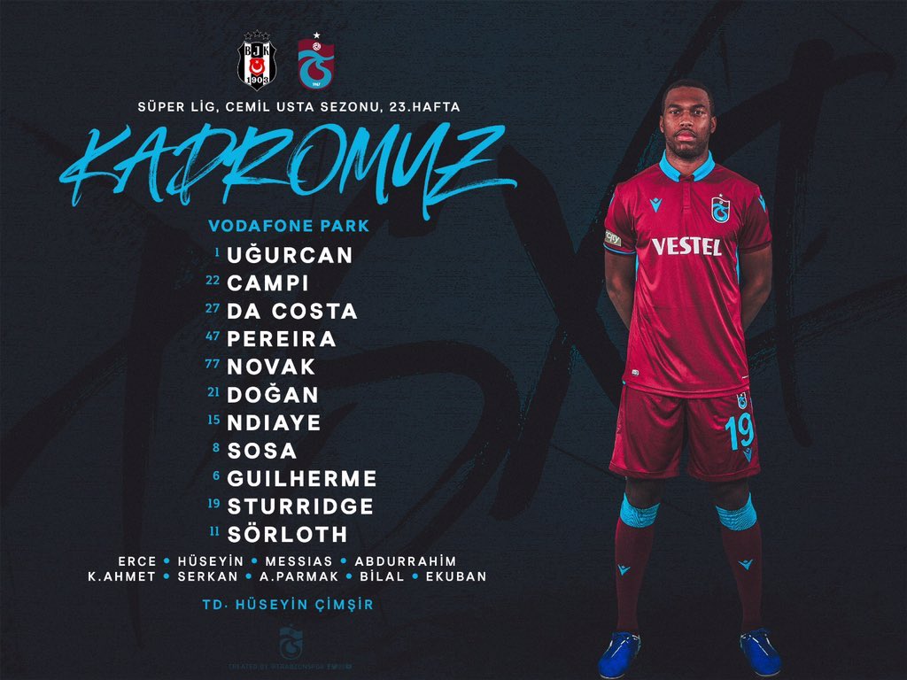 Trabzonspor_Fra's tweet image. Beşik️ Beşiktaş Match #Notre équipe; Uğurcan, Pereira, Da Costa, Campi, Novak, Doğan, Sosa, Ndiaye, Guilherme, Sturridge, Sörloth

Et d&apos;étanchéité #hotmelts; Erce, Hüseyin Türkmen, Serkan, Abdurrahim, Messias, K. Ahmet, A. Finger, Bilal, Ekuban #TSLive #TSXI #Trabzonspor
