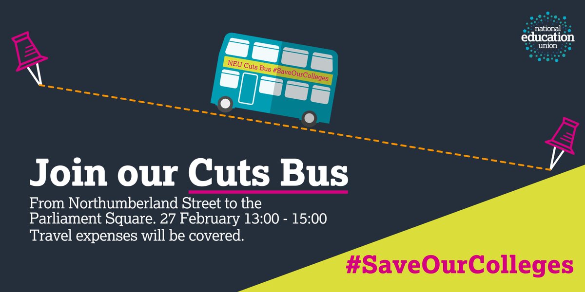 📣ALL ABOARD!

Hop aboard the #CutsBus🚌 as we take the funding fight for our colleges to the Department for Education.

RSVP Now 👉 bit.ly/2wqkD2j #SaveOurColleges