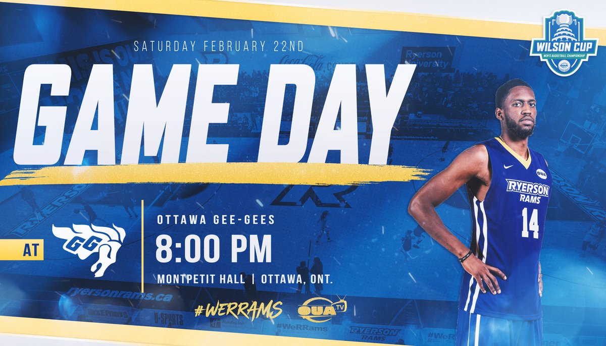 M🏀 | #GAMEDAY

The #QuestForTheCup continues for <a href="/RyersonRamsMBB/">Ryerson MBB</a> tonight as they are in Ottawa to take on the Gee-Gees in the OUA quarter-final! Tipoff is set for 8:00 on OUA.tv

#weRrams