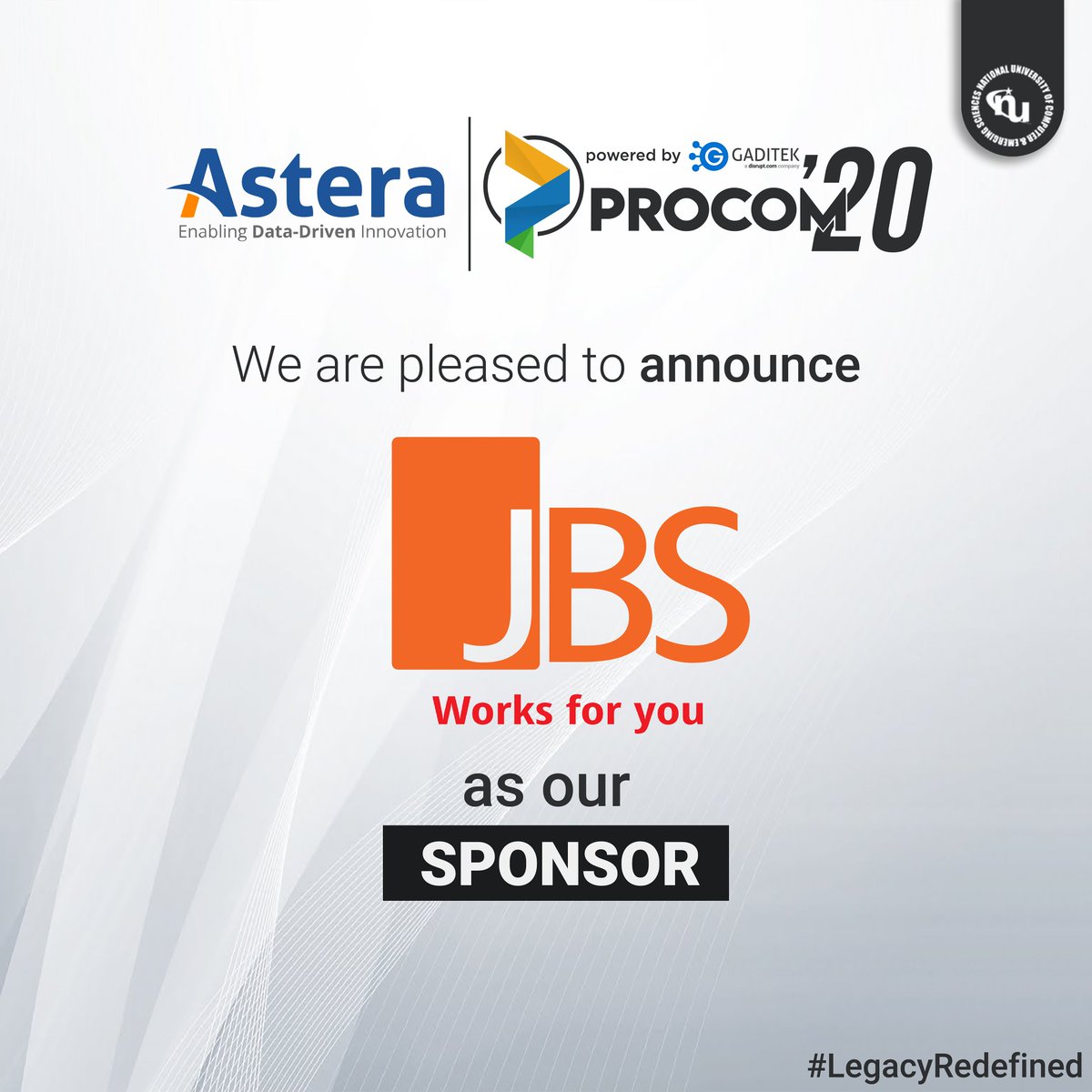 procom2022's tweet photo. Similar to how JBS proudly brings forward the latest technologies and creative ideas to their audience, we, at PROCOM are proud to present Jaffer Business Systems as the sponsors for FAST NUCES' very own tech event, PROCOM.

#AsteraProcom
#JoinTheHype
#LegacyRedefined https://t.co/p6mEydjRWW