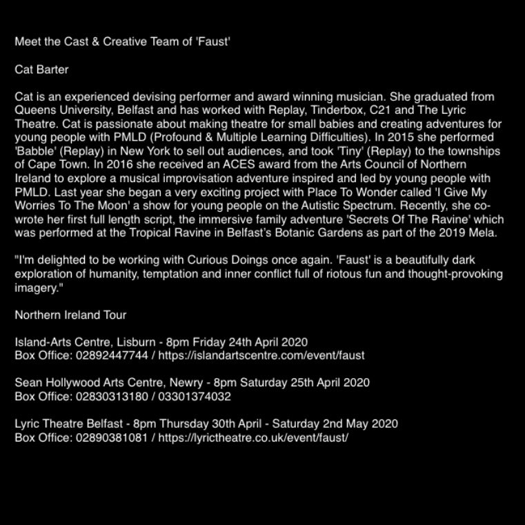 curiousdoings's tweet photo. Meet the Cast &amp; Creative Team of 'Faust'

Cat Barter - @batcarter 

Northern Ireland Tour - Island Arts Centre, Sean Hollwood Arts Centre &amp; Lyric Theatre

#faustbycuriousdoings #wouldyoumakeapactwiththedevil #devisedtheatre #theatreni https://t.co/Cq5zSSOL3n