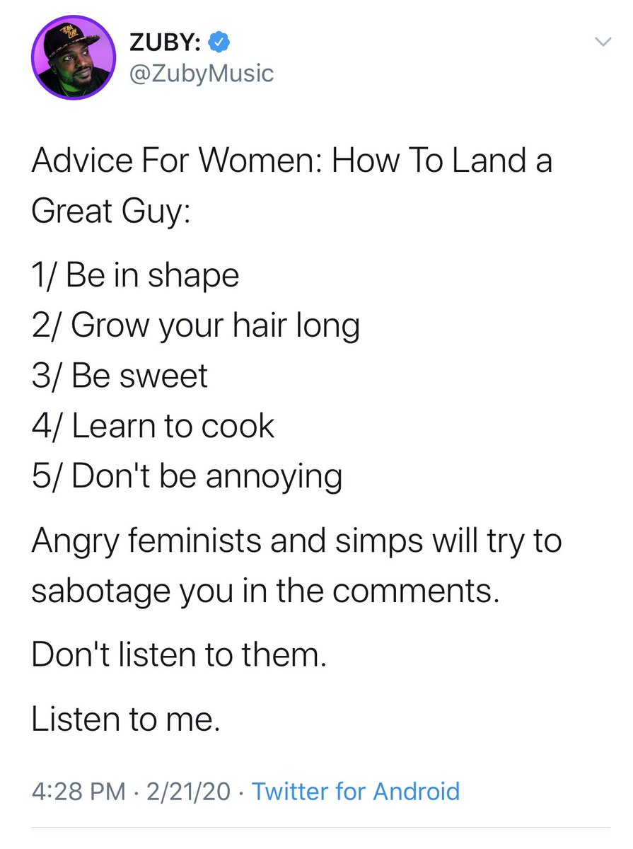 jayphilips's tweet photo. The correct advice for anyone to land a great person: 
1. Be you! A great other half will 💜 you for you &amp; not want to change you. 
2. Do not listen to people like @ZubyMusic. https://t.co/rz5jaGqvlf
