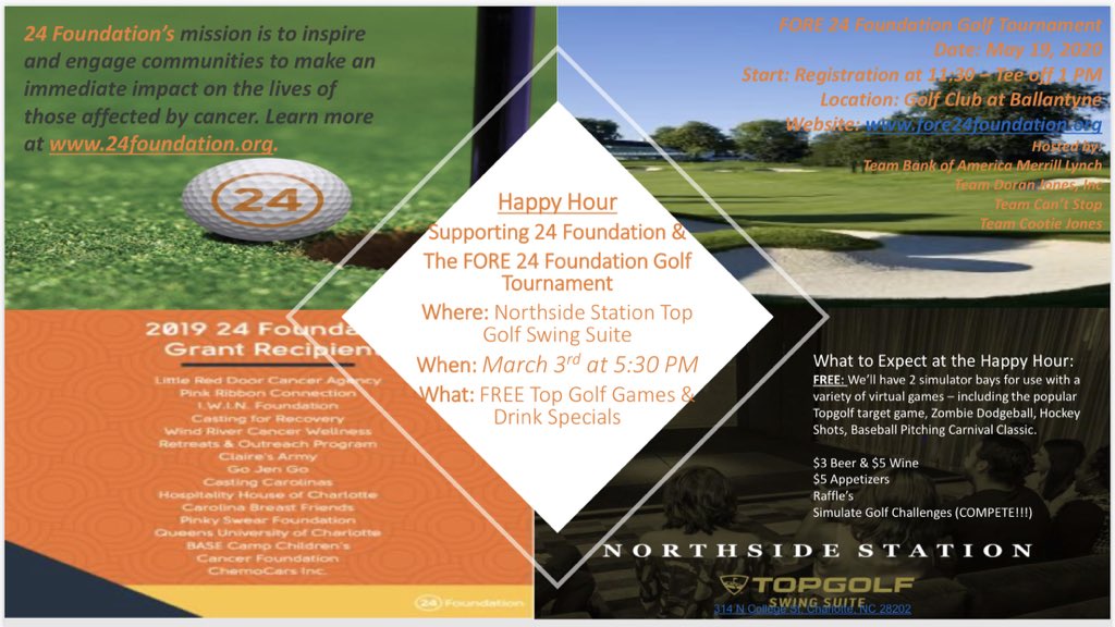 Come Kick Off The Fore 24 Foundation Golf tournament by joining us for a Happy Hour on MARCH 3rd at 5:30 PM at the Northside Station Top Golf Swing Suite in Uptown (314 N College St.) Free Golf simulators, drink specials and all benefits <a href="/24foundation/">24 Foundation</a>