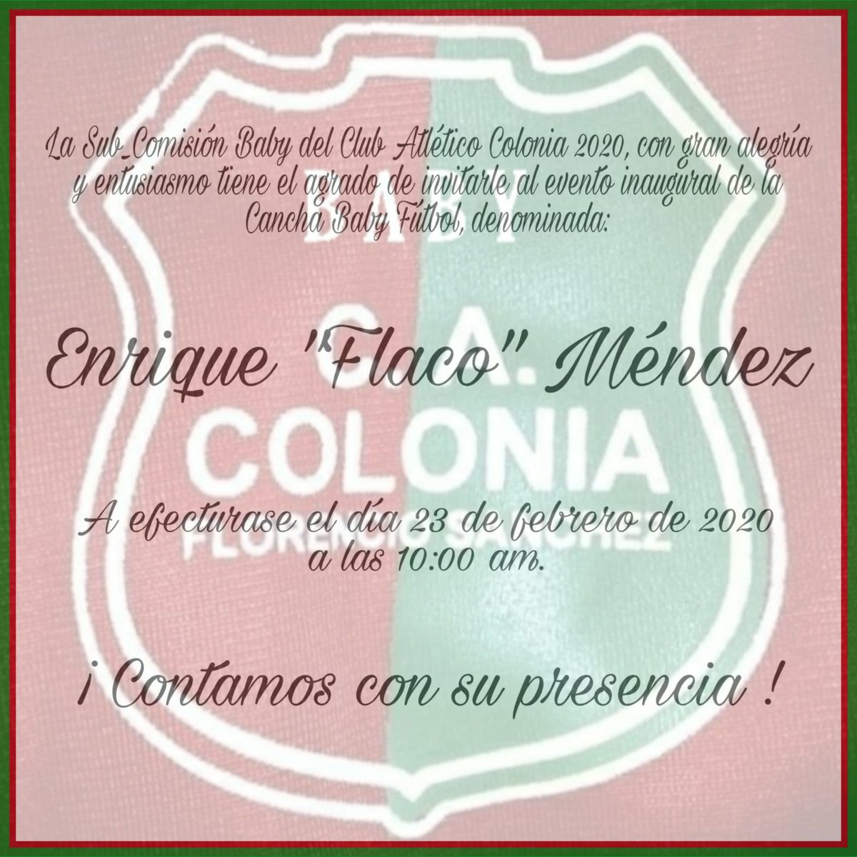 club_colonia's tweet photo. 🔊⚽ #CanchadeBaby
Con gran entusiasmo y alegría comunicamos que mañana 23 de febrero, a las 10 hrs, se estará realizando la tan ansiada inauguración de la Cancha de Baby Fútbol de nuestro club. https://t.co/HhkwSqHo0Y