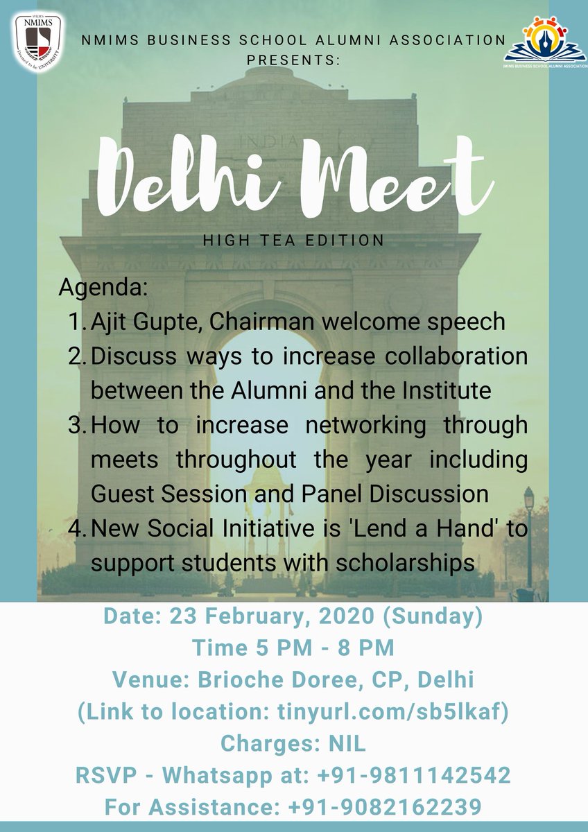Hello All,

Alumni Relations Cell, NMIMS Mumbai is organising a small meet up with High Tea tomorrow and would like to cordially invite all of you. 

Date: 23 Feb 2020, Sunday
Time: 5pm-8pm
Venue: Brioche Doree, CP, Delhi

Kindly RSVP by dropping a WhatsApp Message on 9811142542