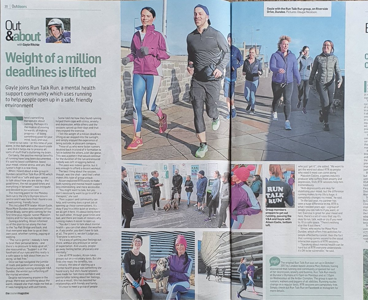 A huge benefit of my role with <a href="/LACDundee/">Leisure & Culture</a> is supporting projects like #runtalkrundundee a free weekly mental health running group that's not about the running. Run or walk, it's all about the talk. Read today's <a href="/courier_dundee/">The Courier (Dundee)</a> for a brilliant write up by <a href="/C_GRitchie/">Gayle Ritchie</a> #MentalHealth