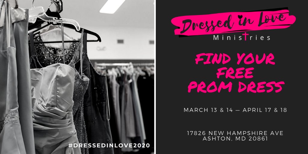 DILministries's tweet photo. Our first #DressedinLove2020 Prom Dress Giveaway weekend is 3/13 from 4-8pm &amp; 3/14 from 10am-4pm! Join us at 17826 New Hampshire Ave, Ashton, MD to find your FREE prom dress! Questions? Email dressedinloveministries@gmail.com @mymcmedia @MCPS @BlueprintPress @RampageOnline https://t.co/nyQKNWjon9