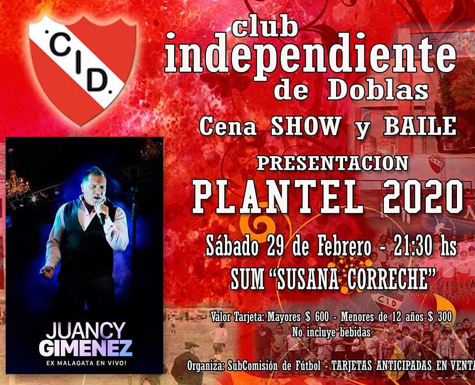 CENA SHOW y BAILE PRESENTACION PLANTEL 2020

Te esperemos el próximo Sábado 29/02 en el SUM "Susana Correché" con la presentación de nuestro plantel 2020 y divertirnos con la música de juancy gimenez 
Tarjetas en Venta 
#CID #ElorgullodePertenecer