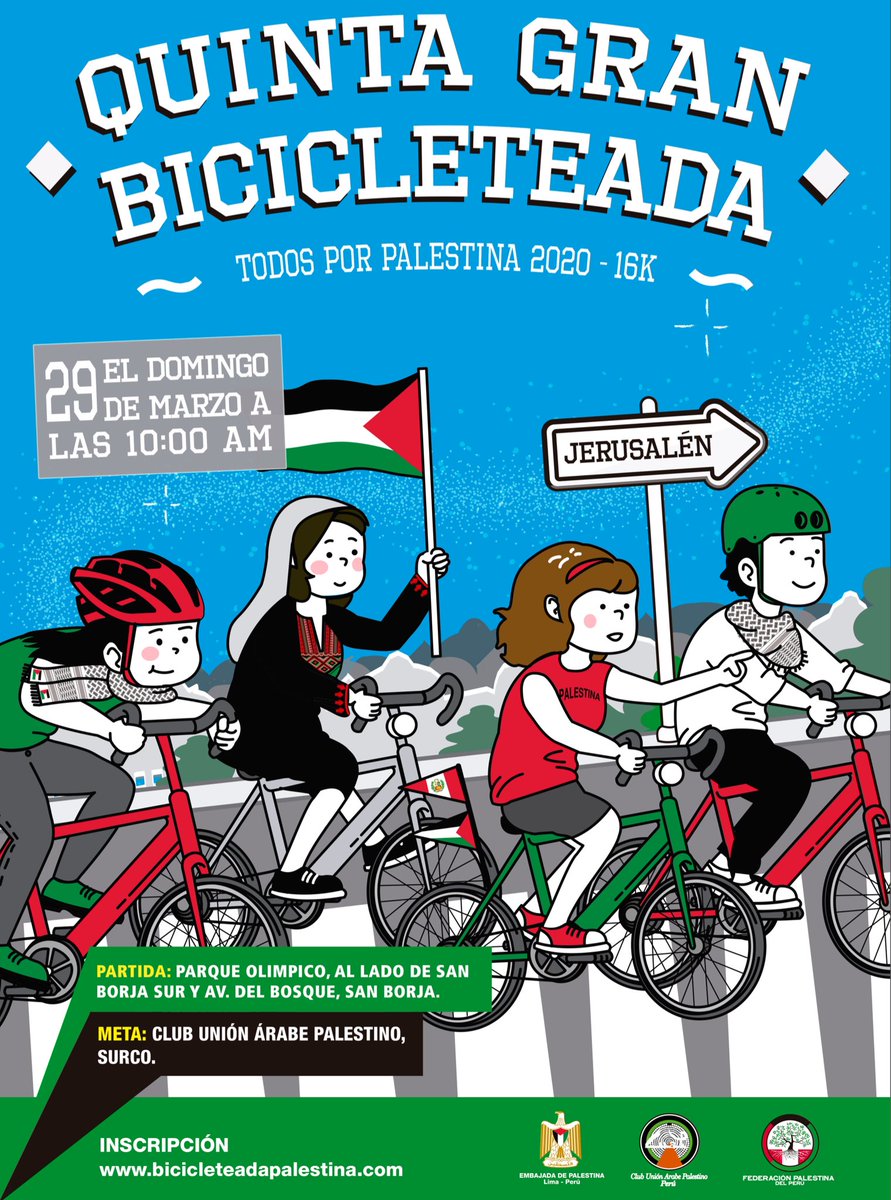 Por quinto año consecutivo el Domingo 29/03 celebramos la Gran Bicicleteada “Todos por Palestina 2020”, jornada deportiva para conmemorar el Día de la Tierra PALESTINA. 🇵🇸🇵🇪

Inscríbete gratuitamente para obtener tu polo ingresando en bicicleteadapalestina.com