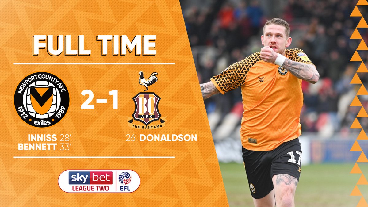 NewportCounty's tweet photo. WHAT A WIN!

The #Exiles are victorious at @rodneyparade 🆚 @officialbantams  🙌

FT SCORE | #NCAFC 2 - 1 #BCAFC
#KickOffaConversation https://t.co/9W1h8BKpHl