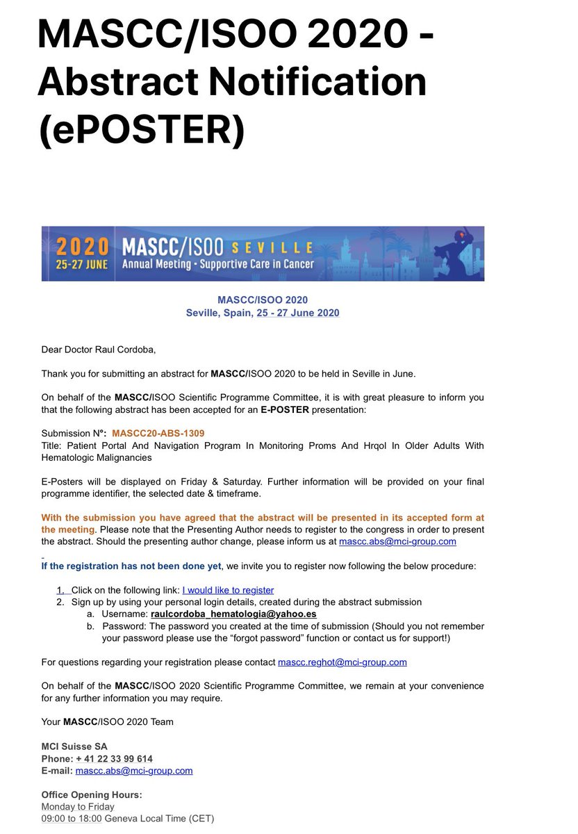 DrRaulCordoba's tweet photo. @CancerCareMASCC I will be glad to present our research work on behalf of the Department of #Hematology @Hospital_FJD @HUInfantaElena @HUReyJuanCarlos @Hosp_Villalba @quironsalud about #PatientPortal & #PROM monitoring in older adults with hematologic malignancies #gerionc #geriheme #MASCC20 https://t.co/4TsIYFCWW3