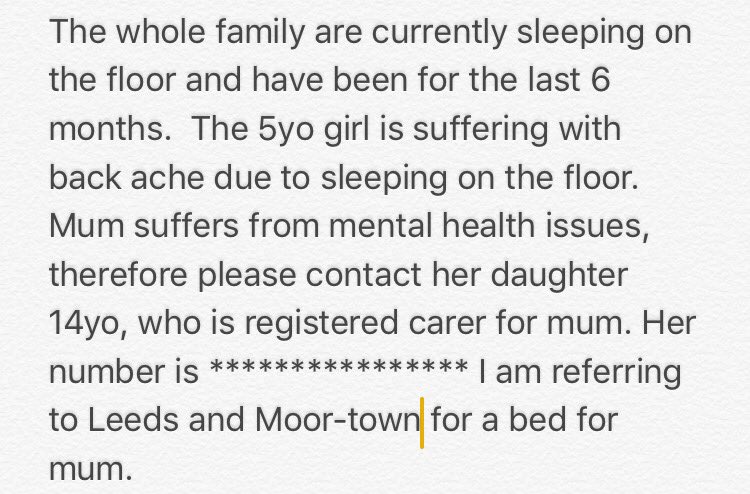 ZarachCharity's tweet photo. I'm a full time deputy head teacher. I love my job. I HATE the inequality I see. In my spare time I fight bed poverty.

The extracts below are from this week's referrals- all from Leeds schools. 

More ppl need to know bed poverty exists so please RT @chrisdysonHT @SteveWLeeds https://t.co/YLuD5fb7OG