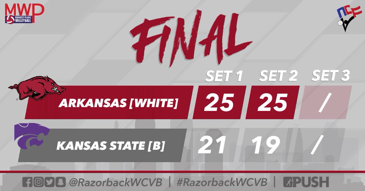 razorbackwcvb's tweet photo. Match 1 Recap: 

[WHITE] wins in 2 over K-State [B], [25-21; 25-19]! 

Next up, Missouri St. [A]

#weAR #RazorbackWCVB #PUSH https://t.co/hvQCYyHfXo