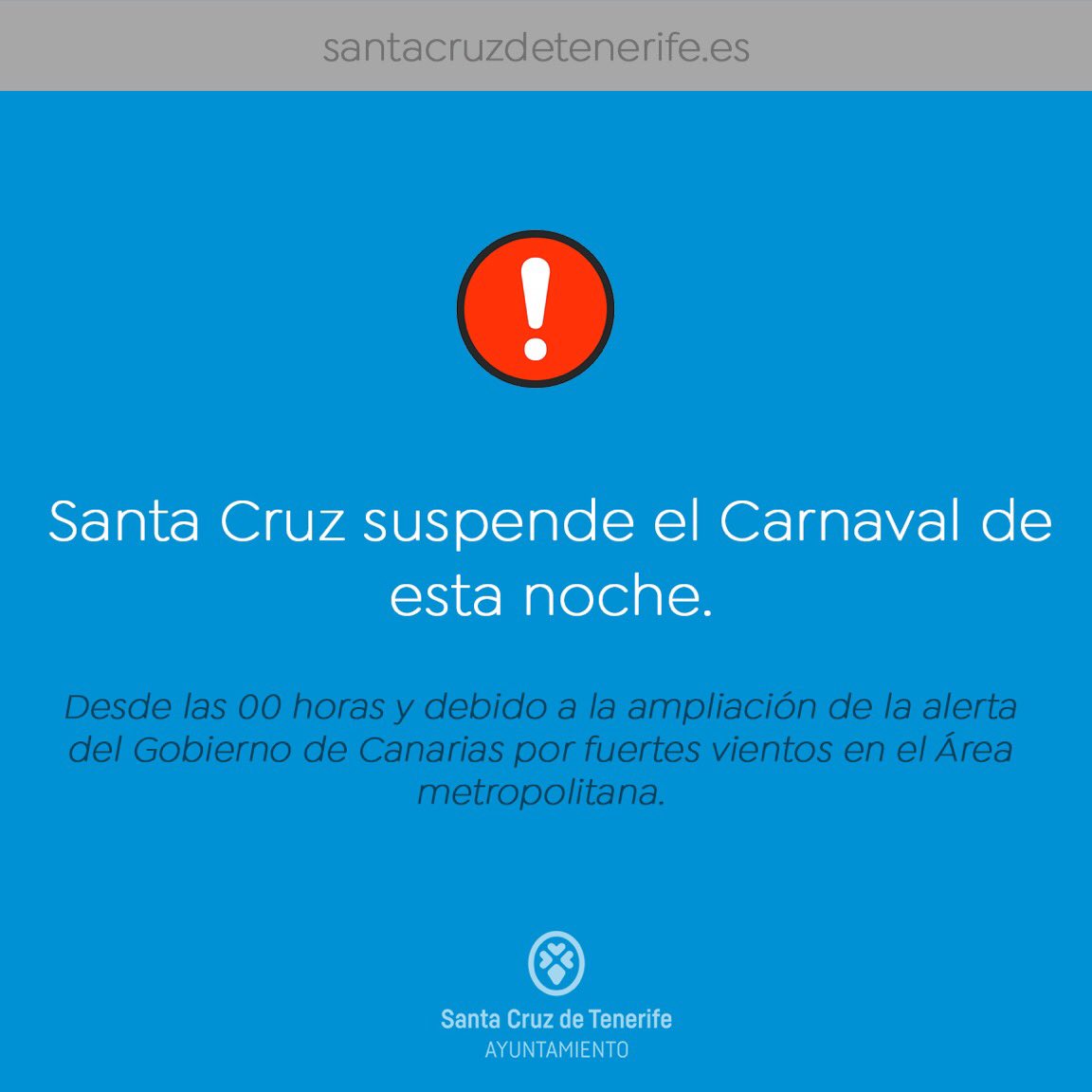 #ÚLTIMAHORA  ¡¡OFICIAL!! Santa Cruz de Tenerife suspende el Carnaval de esta noche y prevé retomar la fiesta mañana. <a href="/santacruz_ayto/">Ayuntamiento de Santa Cruz de Tenerife</a> #santacruz #carnaval