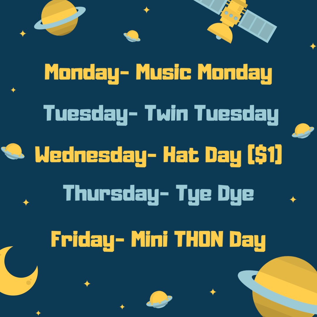 To get ready for dancing next weekend, we are doing a SPIRIT WEEK! 
Mon- Music Monday (Dress as your favorite music artist!)
Tue- Twin Tuesday
Wed- Hat Day (Pay $1 to wear a hat to school!)
Thurs- Tye Dye Day
Friday- Mini THON Day! (Wear Mini Thon Shirt or Penn State Gear!