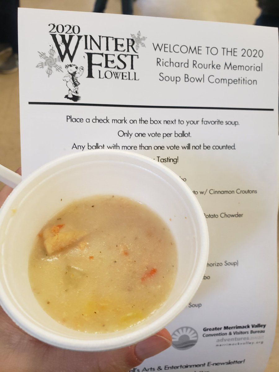 lva1113's tweet photo. Yum! @winterfestfun soup competition. My perennial fave (Eggroll Cafe) is absent, but there's new competitors like Panela. Panela is getting my vote, but Youthbuild's gumbo was also great! #Lowell #winterfest2020 https://t.co/CdB6IKX2H3