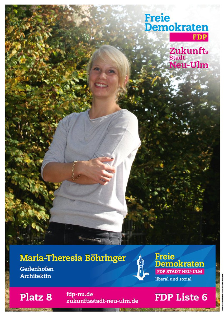 AlfredSchoemig's tweet photo. #Kommunalwahlkampf #Neu_Ulm #FDP #Kandidatin Maria -Theresia #Böhringer Platz 8 Liste 6 aus #Gerlenhofen!
 Attraktivität schaffen für Wirtschaft, junge Menschen und Familien, Ausbau der Bürgerbeteiligung und gemeinsame Gestaltung der Stadt. Förderung der Vielfalt! https://t.co/FpI3pws0m2