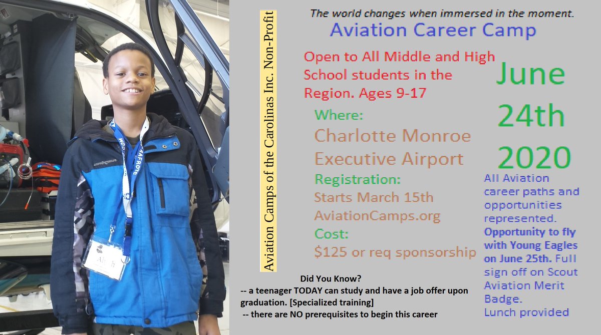 BrendaFBFNA's tweet photo. Free Flights for students attending the June 24th Aviation Career Camp. Registration opens March 15th. Class limit 50, Boy Scouts know already they can get their Merit Badge in one day. So, don't be late. https://t.co/yLTEiD4gvM https://t.co/mvFoQsYU5o