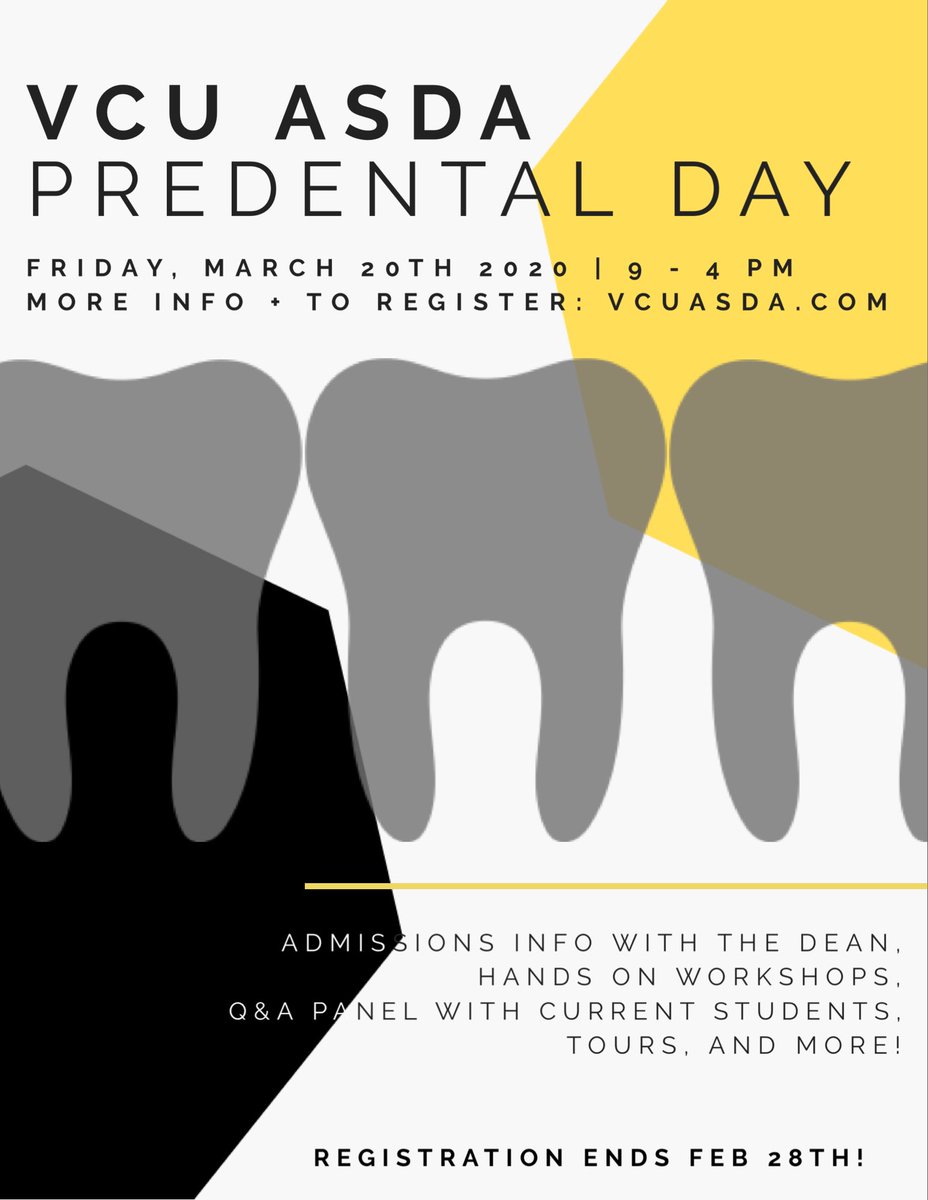 VCUASDA's tweet image. Attention Pre-Dental students! Have YOU registered for VCU’s PRE-DENTAL DAY 2020 yet? Register today at vcuasda.com (registration closes 2/28!) #predental