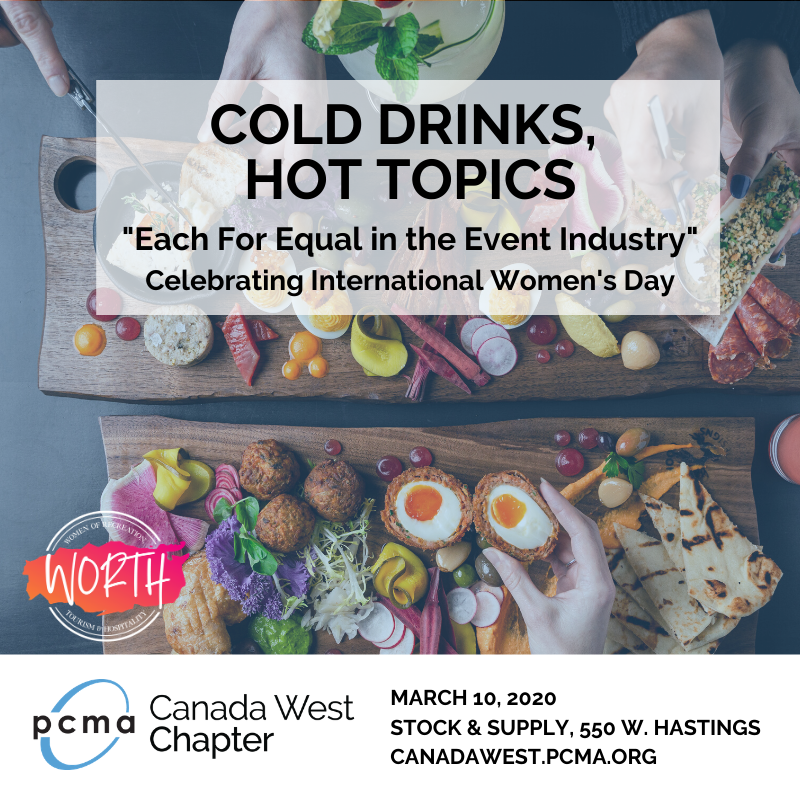 PCMACW's tweet image. Our March version of the ever-popular Cold Drinks, Hot Topics is taking a twist for International Women's Day. Join us on March 10th at Stock &amp;amp; Supply to dive deep into this month’s topic: Each for Equal in the Event Industry

Tickets - $25! Link in bio! #YVREventProfs