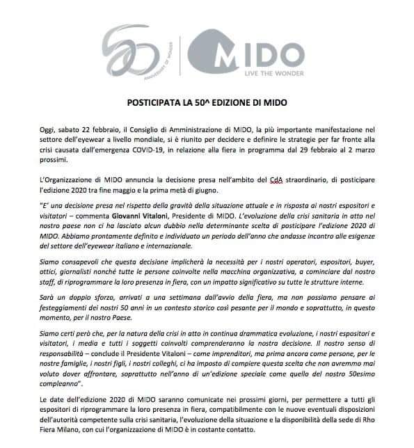 Posticipata la 50a edizione di <a href="/MIDOExhibition/">MIDO Exhibition</a> #eyewear #milano #coronavirus