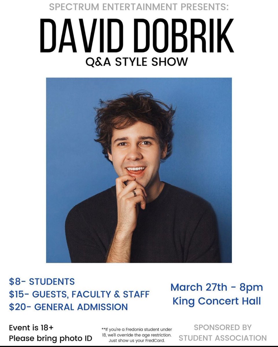 Fredonia_SA's tweet photo. Tickets go on sale MONDAY! Purchase at the Fredonia ticket office in the Williams Center! https://t.co/AyAvsayyMz