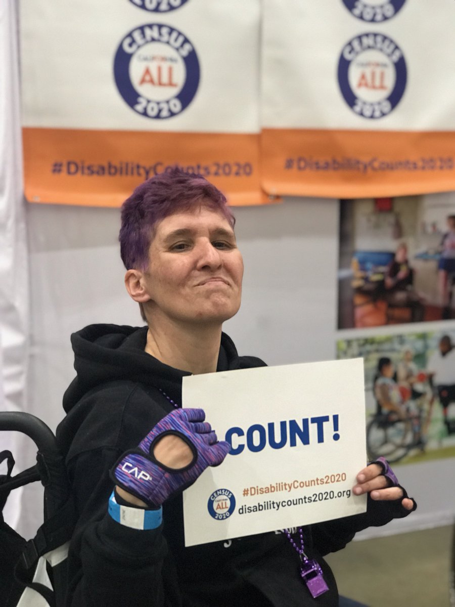 DREDF's tweet photo. Sara wants the world to know "I Count" in the 2020 census. The entire disability community does too! #DisabilityCounts2020 https://t.co/Vv5P4lZMRx