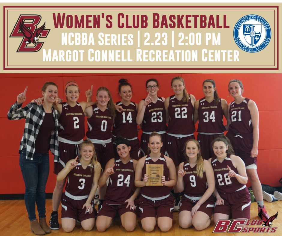 Need something to do on campus this weekend? Come to the Margot Connell Recreation Center on Sunday 2.23 and cheer on Women's Club Basketball as they take on Assumption College!! The team takes to the court at 2:00 PM!! Go Eagles <a href="/BCWCbball/">BC W Club Basketball</a>!!