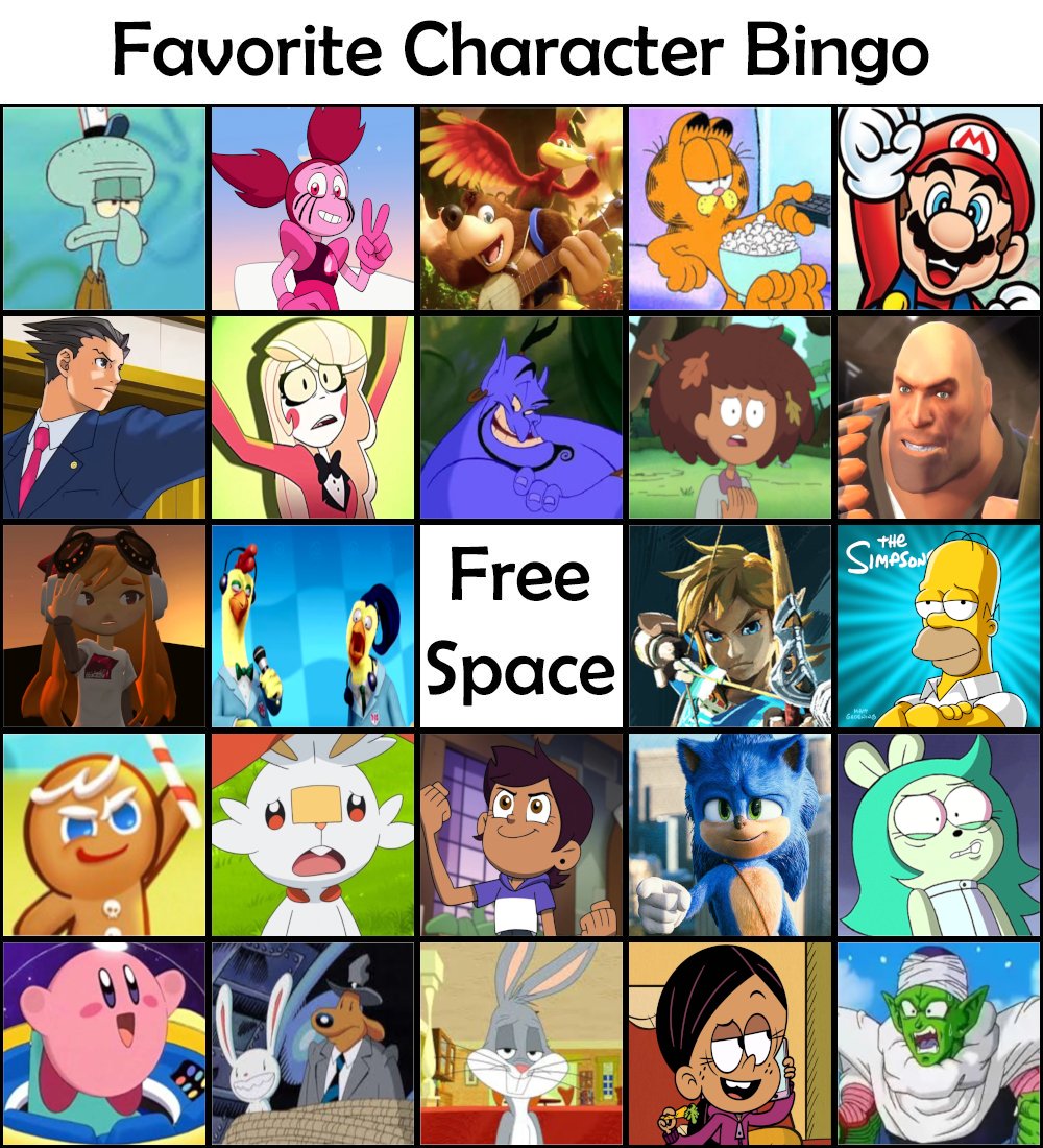JJSponge120's tweet photo. How about a round of Favorite Character Bingo? #CharacterBingo https://t.co/mreSKVVRGP