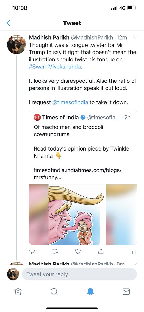 MadhishParikh's tweet photo. The disrespectful illustration by #ChadCrowe on #SwamiVivekananda used in an article by @mrsfunnybones has been replaced by @timesofindia with a file picture of Mr Trump. https://t.co/rFHHZGBRhN
