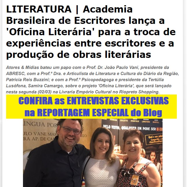 🌐EXCLUSIVO: João Paulo Vani, pres. da Academia Brasileira de Escritores, a Articulista de Cultura do <a href="/diariodaregiao_/">Diário da Região | São José do Rio Preto</a> Patricia Buzzini e a Psicopedagoga da Tertúlia Lusófona, Samira Camargo falam da Oficina Literária que será lançada dia 02 em Rio Preto.
clovisassisemcena.blogspot.com