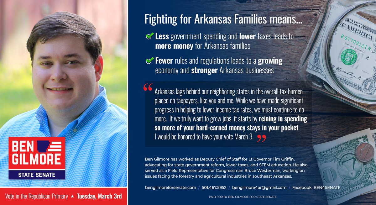 lbengilmore's tweet photo. Vote for a #provenconservative on #March3rd! If we truly want to grow jobs, it starts by spending your tax dollars more wisely and putting more of your hard-earned money back in your pocket. #BenGilmoreforStateSenate #Senate26 #arpx #Arleg #election2020 https://t.co/dpxBa9Yjsw