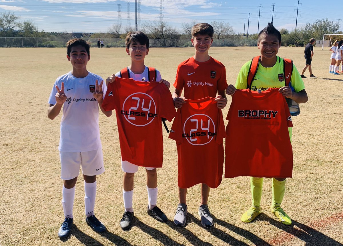 medarizona's tweet photo. My freshman son Diego @BrophyNews handed his three teammates @PHXRisingYouth #Coach #NeilGraham shirts welcoming them as new students to #Brophy next year.  The best to these student athletes and one other missing in the picture. Four for four. Welcome! #Broncos https://t.co/bemHo15zG5