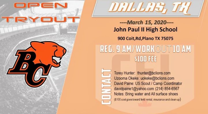CoachBirdAcademy/TeflonSportsManagement (@coachbirdd) on Twitter photo March 15th (CFL Tryouts )
B.C. Lions ๐ฆ
Letโs get it,,, to the ones chasing your dreams and hoping to play Professional Football. College and former Pro players come out and show us what you got.. it will be a great Tryout Letโs get it <a href="/davidpaine1/">David Paine</a>
<a href="/BCLions/">BC LIONS</a> <a href="/coachbirdd/">CoachBirdAcademy/TeflonSportsManagement</a> March 15th (CFL Tryouts )
B.C. Lions ๐ฆ
Letโs get it,,, to the ones chasing your dreams and hoping to play Professional Football. College and former Pro players come out and show us what you got.. it will be a great Tryout Letโs get it <a href="/davidpaine1/">David Paine</a>
<a href="/BCLions/">BC LIONS</a> <a href="/coachbirdd/">CoachBirdAcademy/TeflonSportsManagement</a>