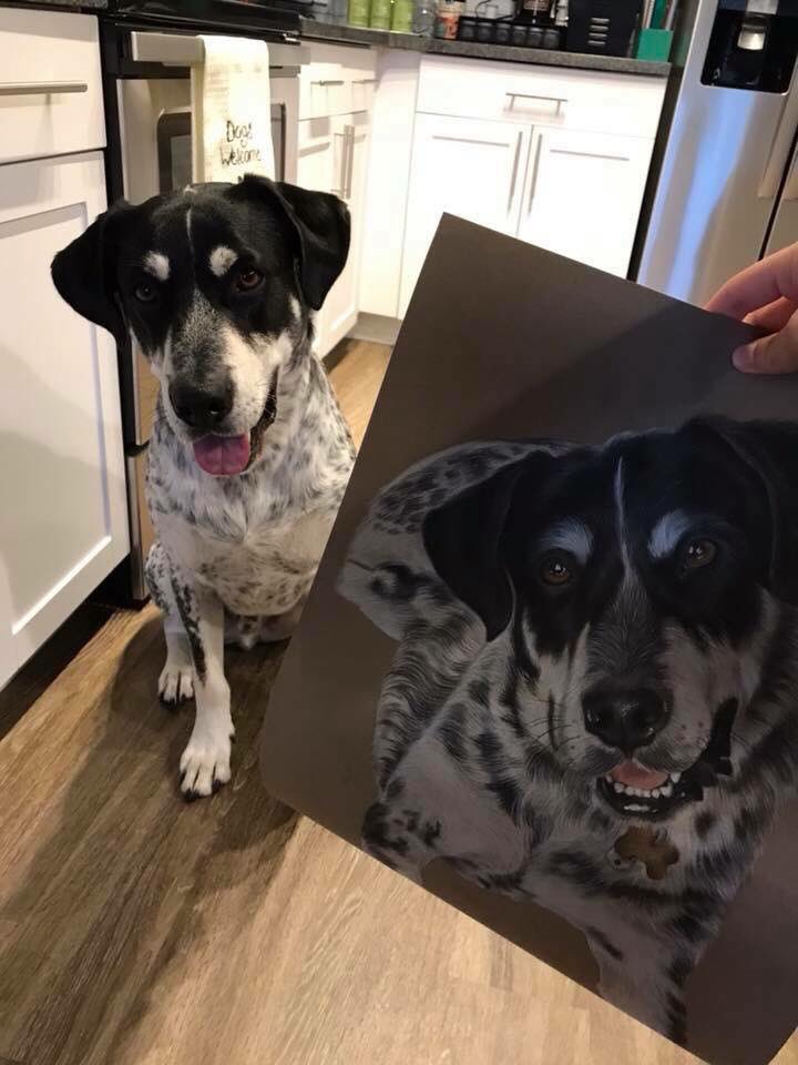 theraviosart's tweet photo. Every now and then my customers send me photos of their pets next to their portraits 🐶✍🏼 

Look at how photogenic this dog is 😍😭 https://t.co/m3hQg5luId