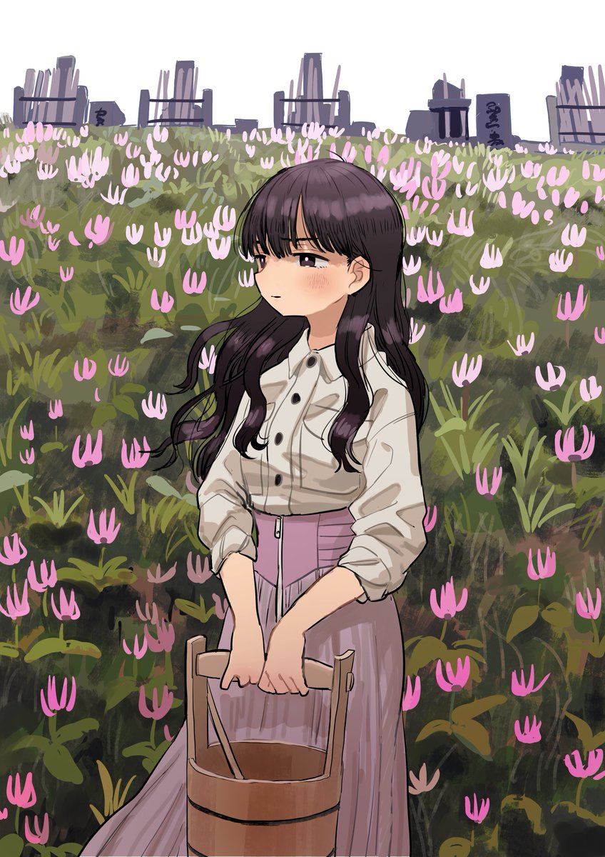 1girl solo long hair skirt black hair shirt flower  illustration images