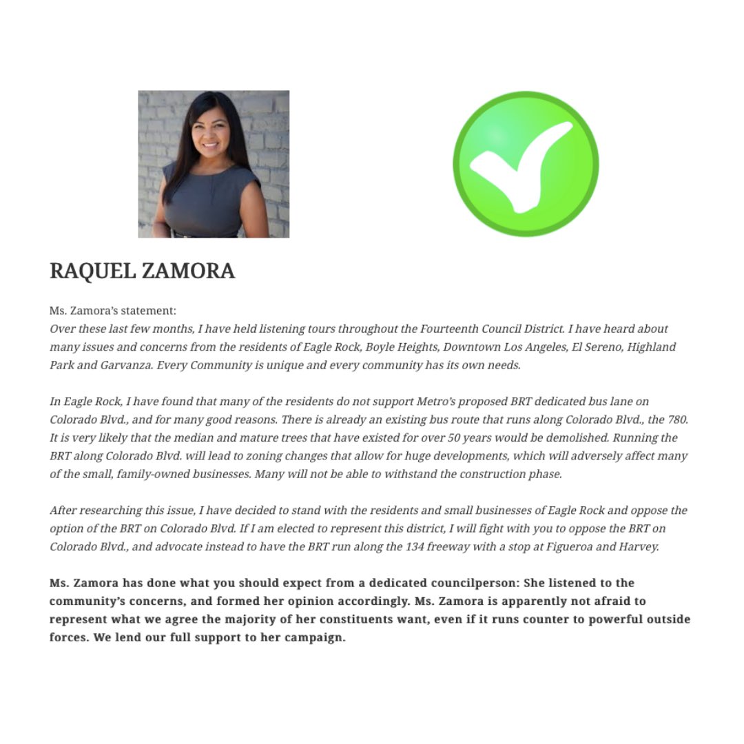 voteraquel's tweet photo. I would like to thank ER411 for their endorsement of my campaign opposing the BRT running through Colorado Blvd. I have heard your concerns and I am ready to stand with you. If I am elected I will not waiver and will stand by the residents of Eagle Rock. https://t.co/e52L9dbsOY